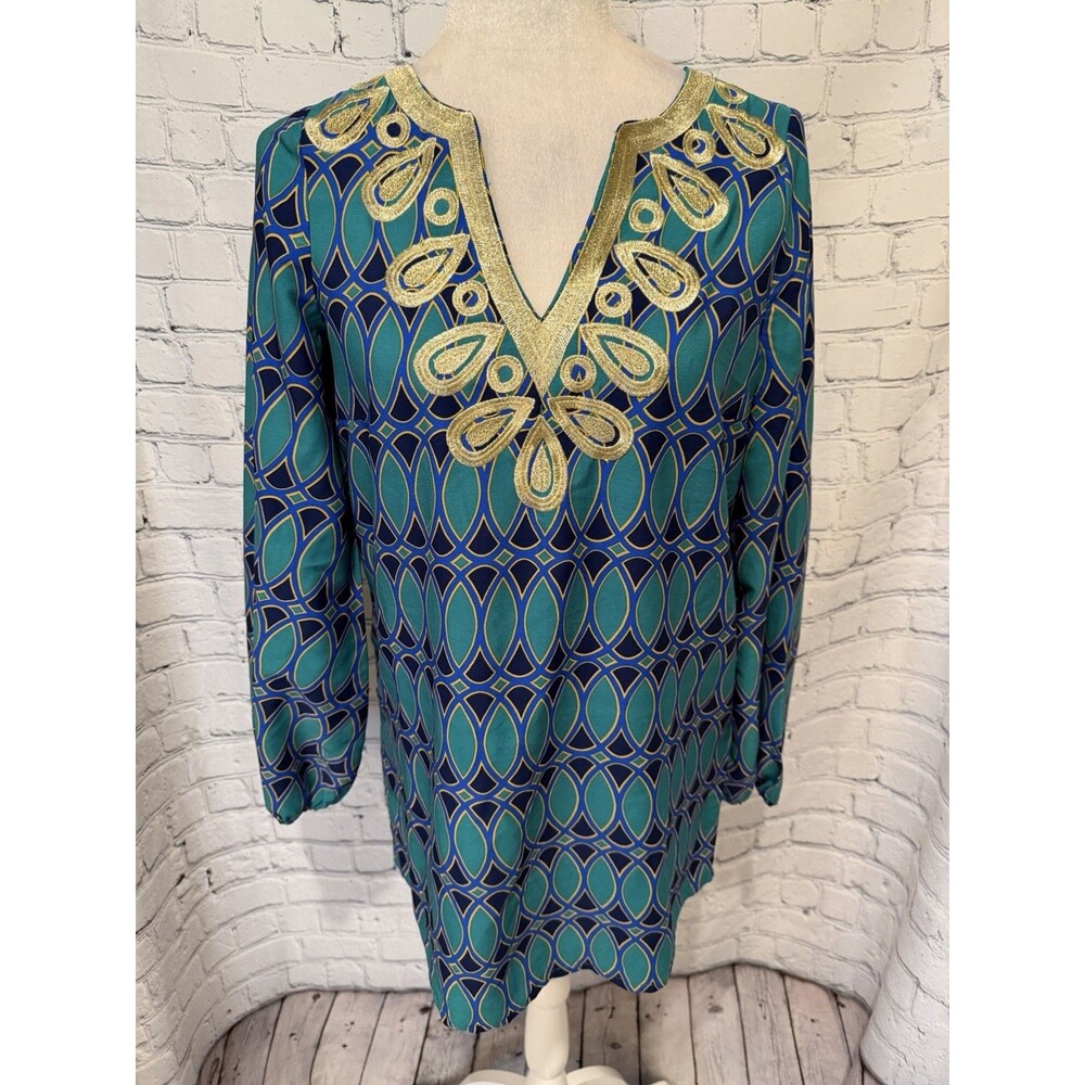 Mudpie Tunic Multi-Color Blue Geometric V Neck With Gold Accents Size Small